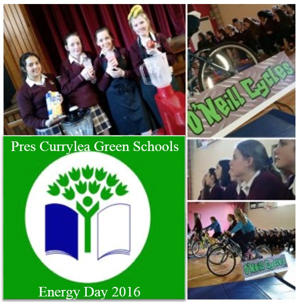 The Girls enjoying their smoothies & cycling to power the burn 'Calories Not Carbon' Presentation for the Green Schools Energy Day